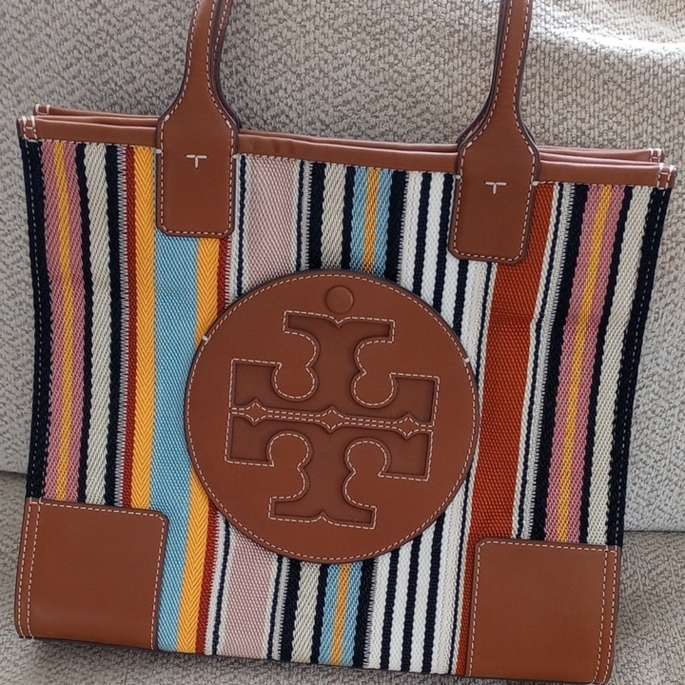 Tory Burch Striped Tote with Brown Accents